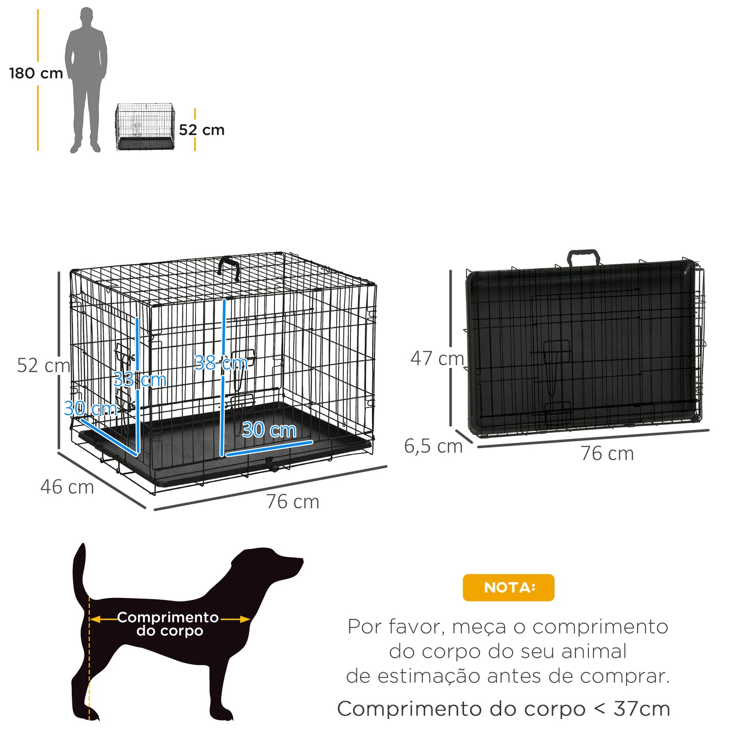 PawHut Gaiola para Cães com 2 Portas Gaiola para Animais de Estimação de Arame Dobrável com Alça de Transporte Aço 76x46x52cm Preto