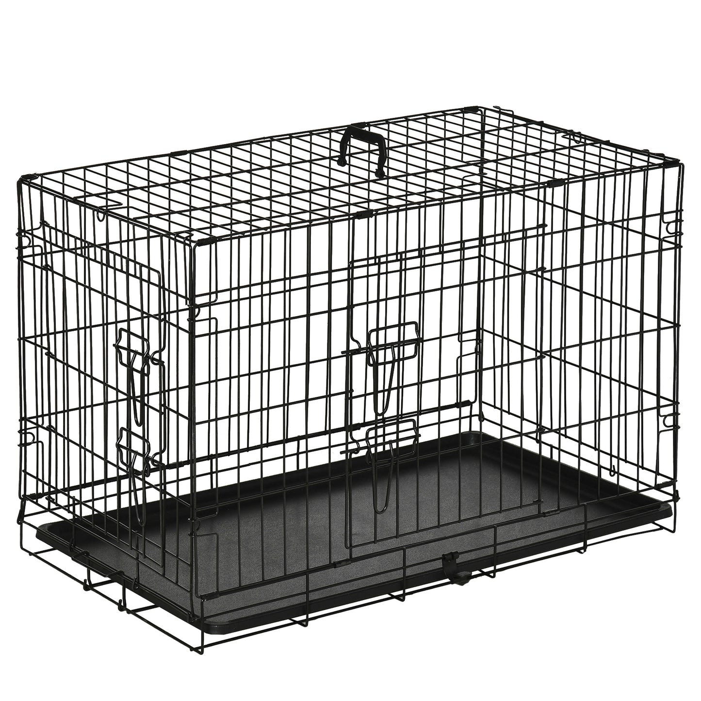 PawHut Gaiola para Cães com 2 Portas Gaiola para Animais de Estimação de Arame Dobrável com Alça de Transporte Aço 76x46x52cm Preto