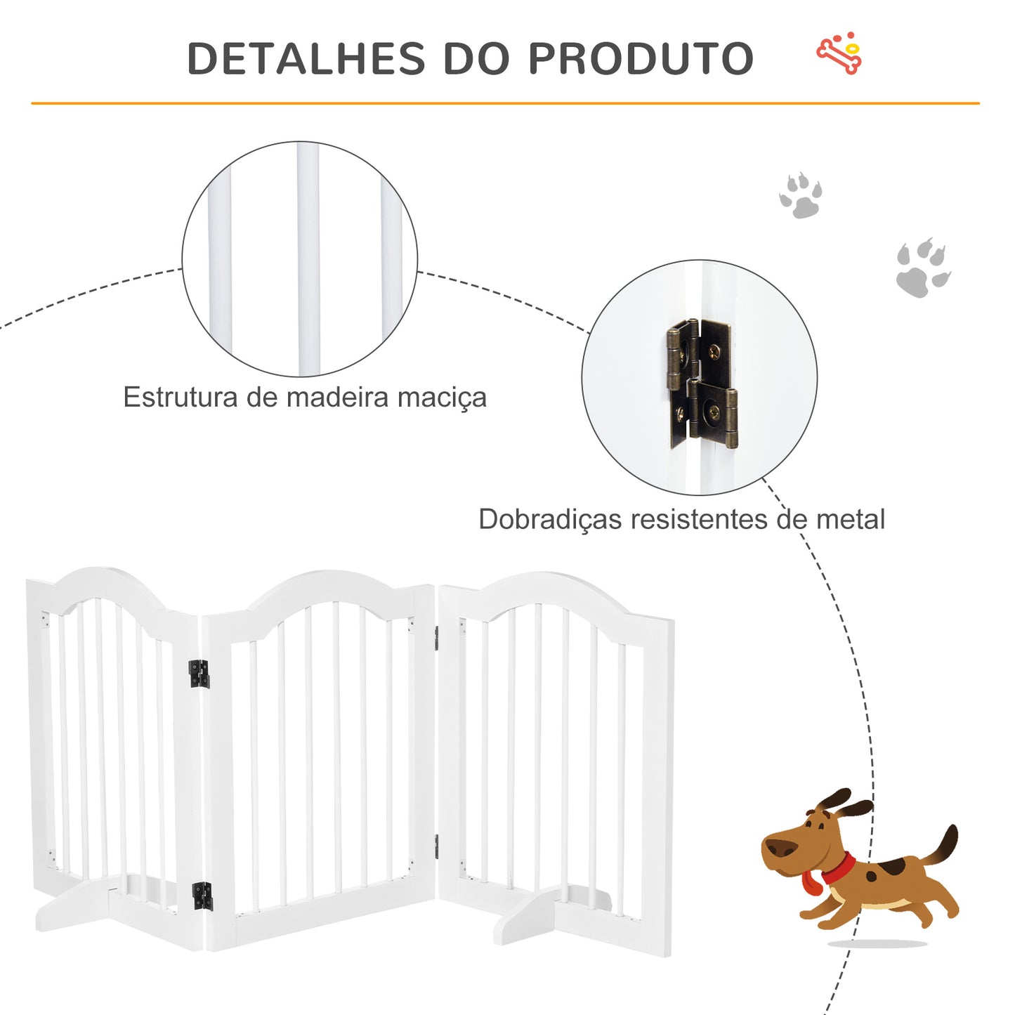 PawHut Barreira de Segurança Dobrável para Cães Pequenos Barreira de Proteção para Animais de Estimação com 3 Painéis e 2 Suportes para Portas Escadas Corredores 154,5x29,5x61 Branco