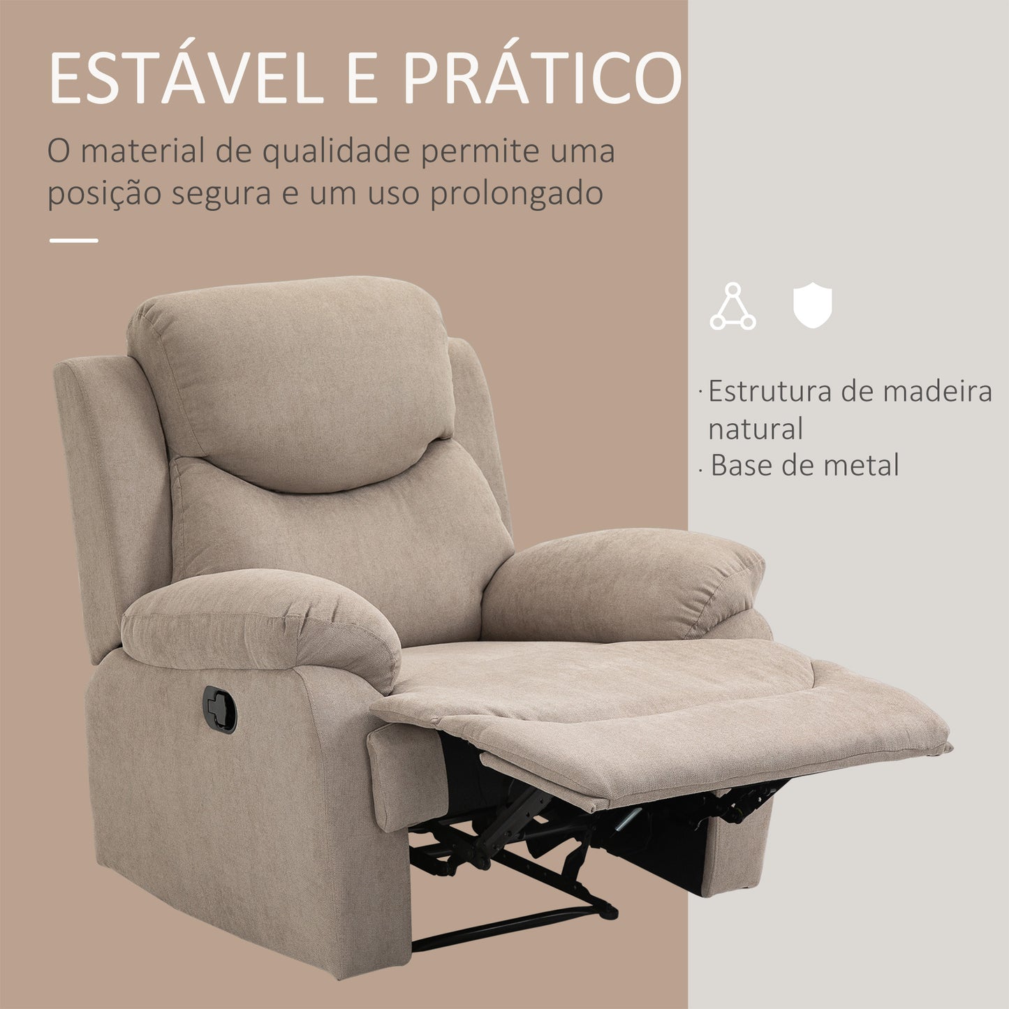 Poltrona Reclinável De Sala de Estar Poltrona Relax Reclinável Manual com Apoio para os Braços e Apoio para os Pés Carga 150 kg para Sala de Estar Dormitório 93x88x102 cm Bege