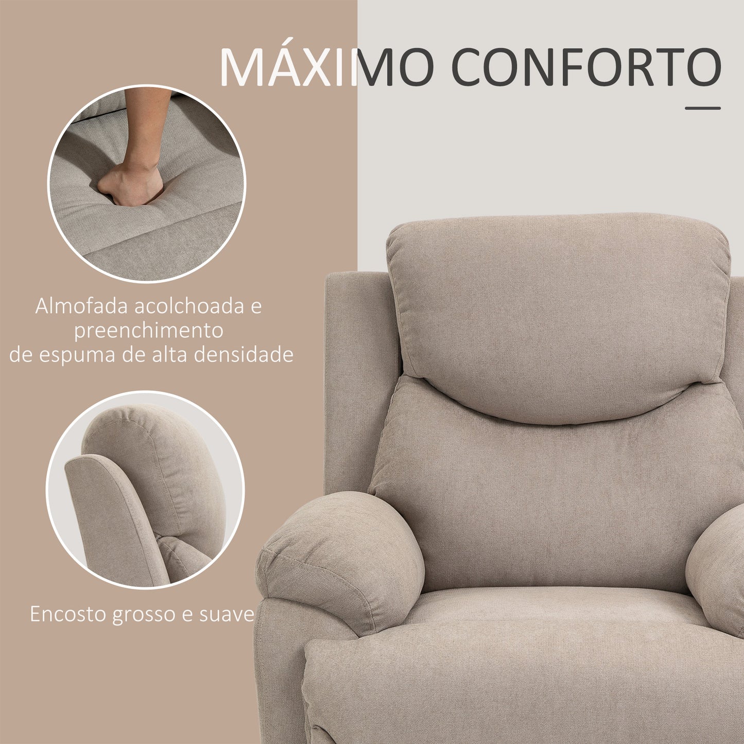 Poltrona Reclinável De Sala de Estar Poltrona Relax Reclinável Manual com Apoio para os Braços e Apoio para os Pés Carga 150 kg para Sala de Estar Dormitório 93x88x102 cm Bege