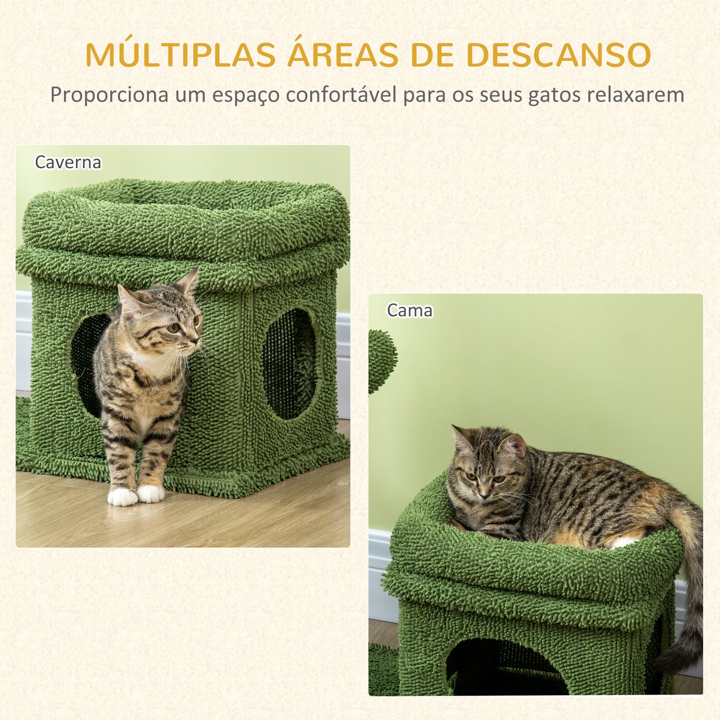 PawHut Árvore Arranhador para Gatos Desenho de Cacto Altura 83cm Torre para Gatos com Cama Casa de Pelúcia Poste de Sisal e Bola Suspensa 68x30x67cm Verde