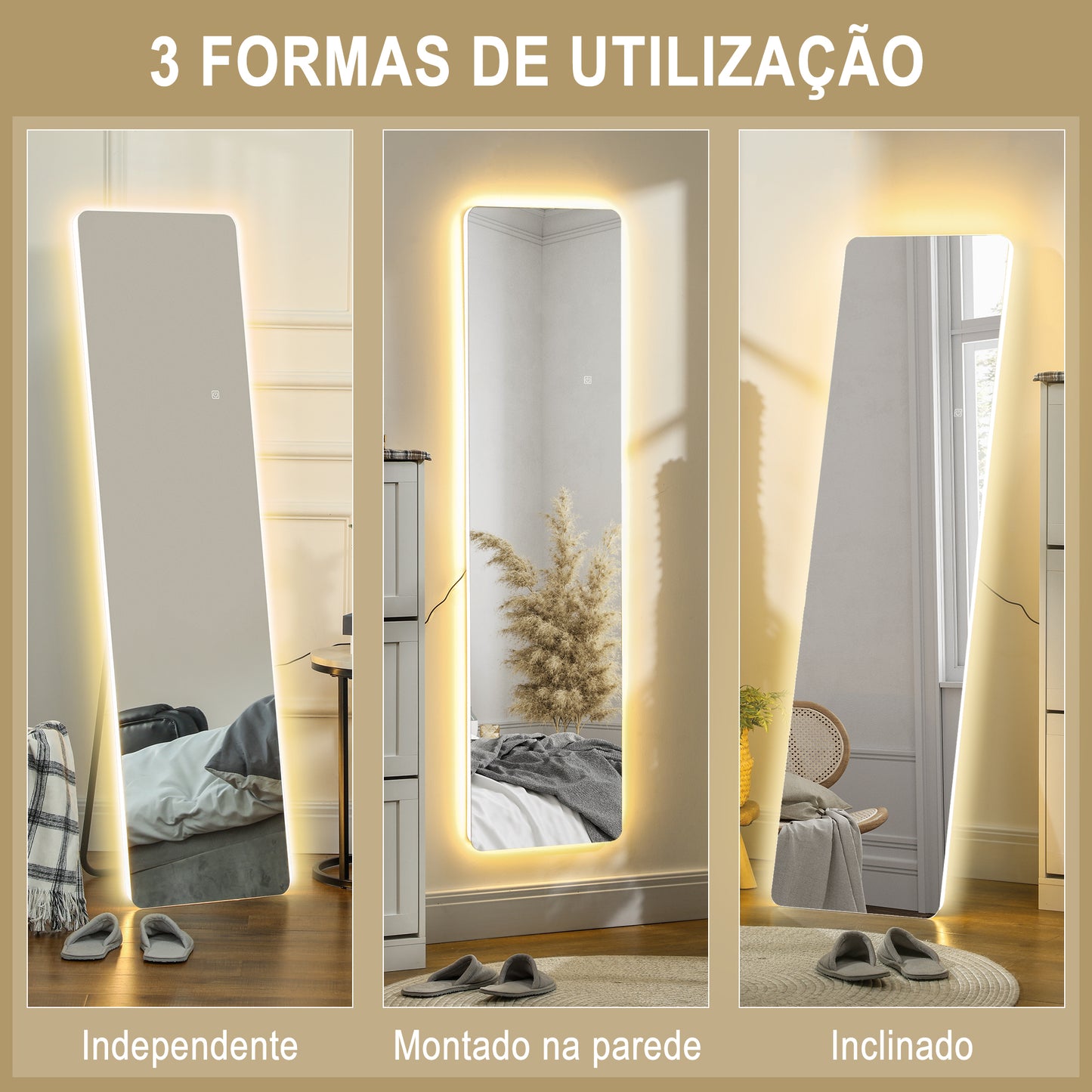 Espelho Pretty - De Pé/Parede com Luz LED - 40x150 cm - Com Iluminação de 3 Cores - Função de Memória e Tátil - Transparente