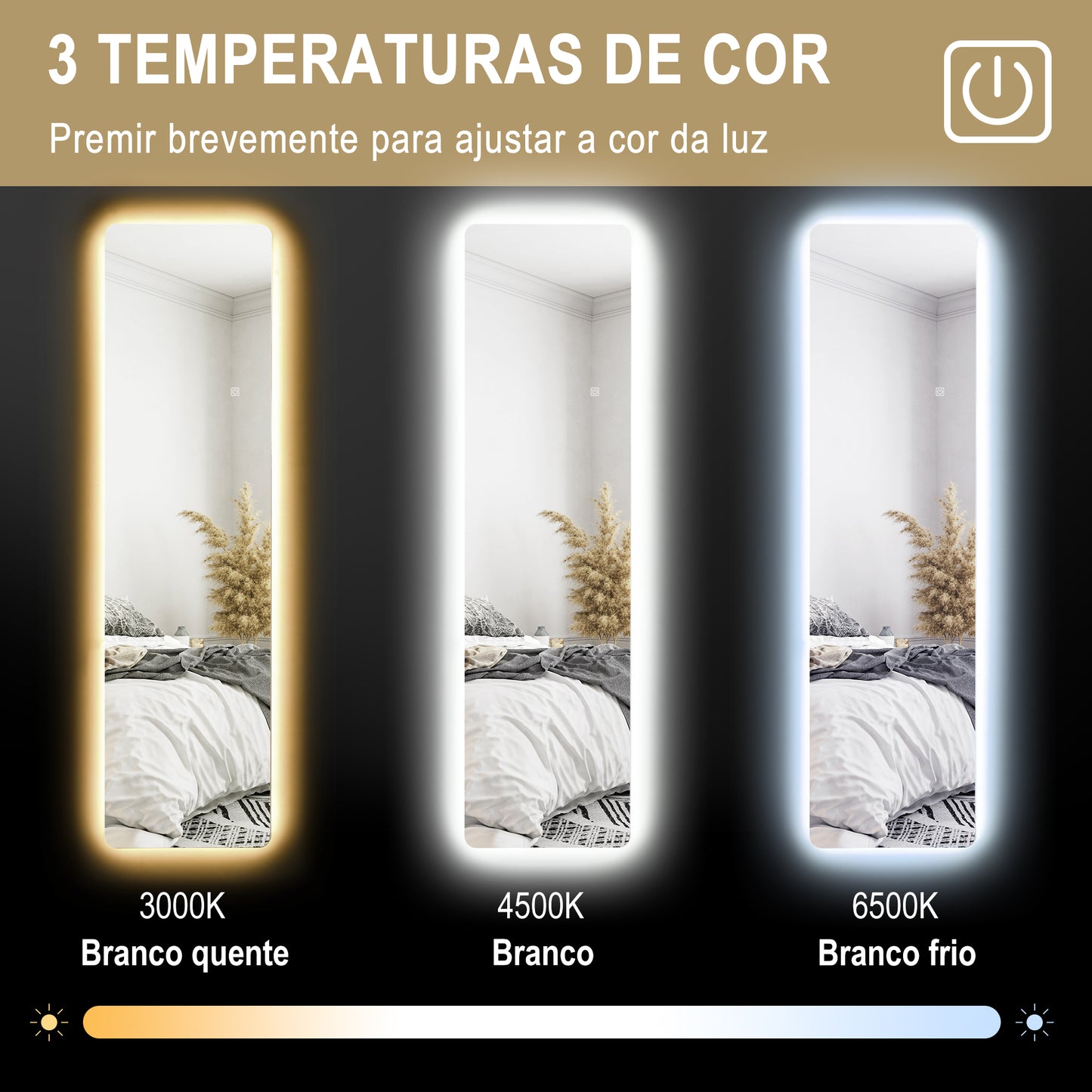 Espelho Pretty - De Pé/Parede com Luz LED - 40x150 cm - Com Iluminação de 3 Cores - Função de Memória e Tátil - Transparente