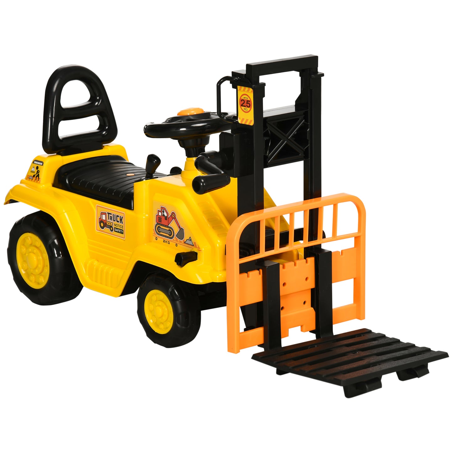 Carro Andador para Crianças acima de 3 Anos Empilhadeira Elevatória de Brinquedo com Forquilha Móvel Buzina e Assento com Armazenamento Oculto Carga Máxima 30kg 86x27,5x47,5cm Amarelo