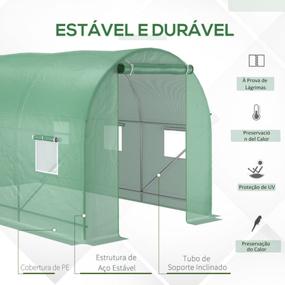 Outsunny Estufa Tipo Túnel de Jardim 350x200x200cm Estufa de Jardim com 6 Janelas Respiráveis e Porta Enrolável com Zíper para Cultivo de Plantas e Verduras Verde