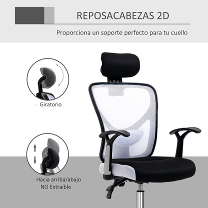 Cadeira de Escritório Ergonômica Cadeira de Escritório Giratória com Altura Ajustável Função Reclinável Apoio para a Cabeça e Suporte Lombar 65x67x108-118cm Branco