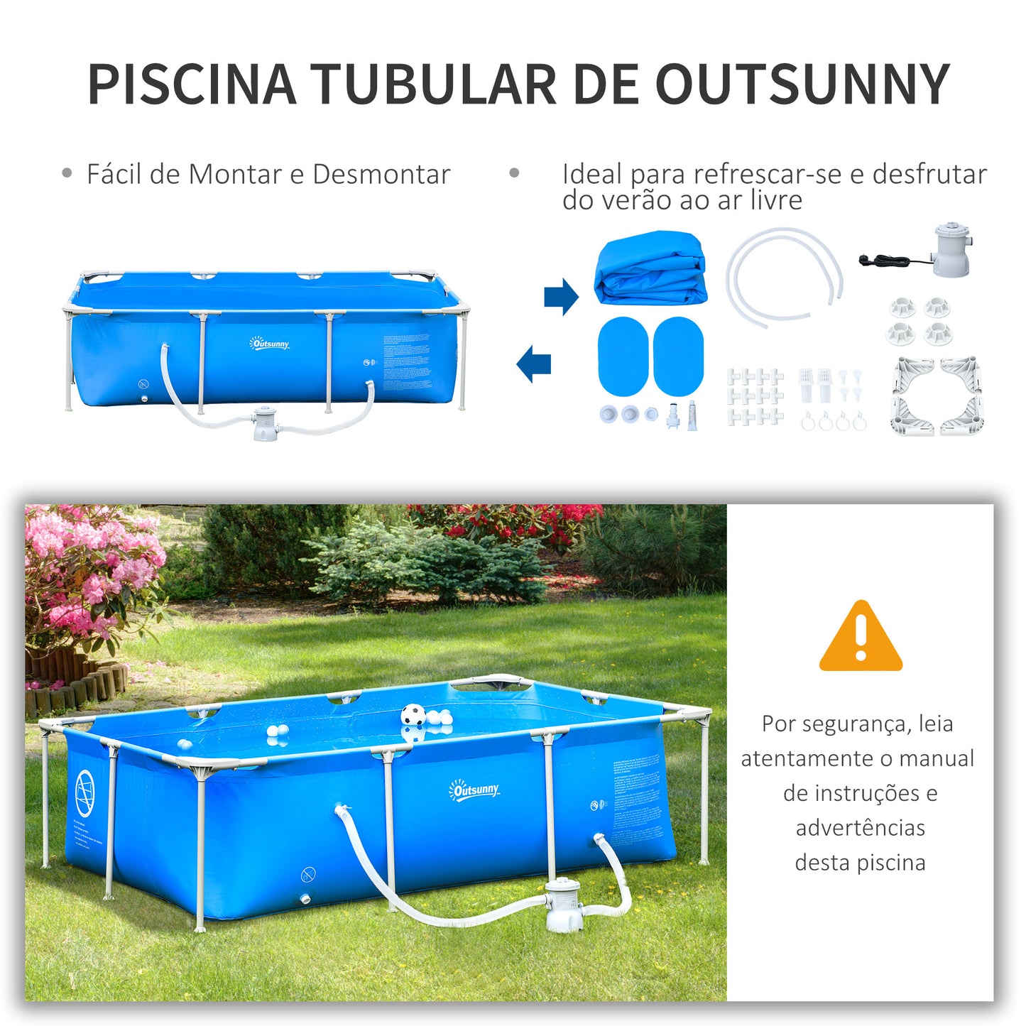 Outsunny Piscina Desmontável Tubular 252x152x65cm com Depuradora de Cartucho Piscina Retangular de Exterior para Adultos e Crianças 2.163L Azul