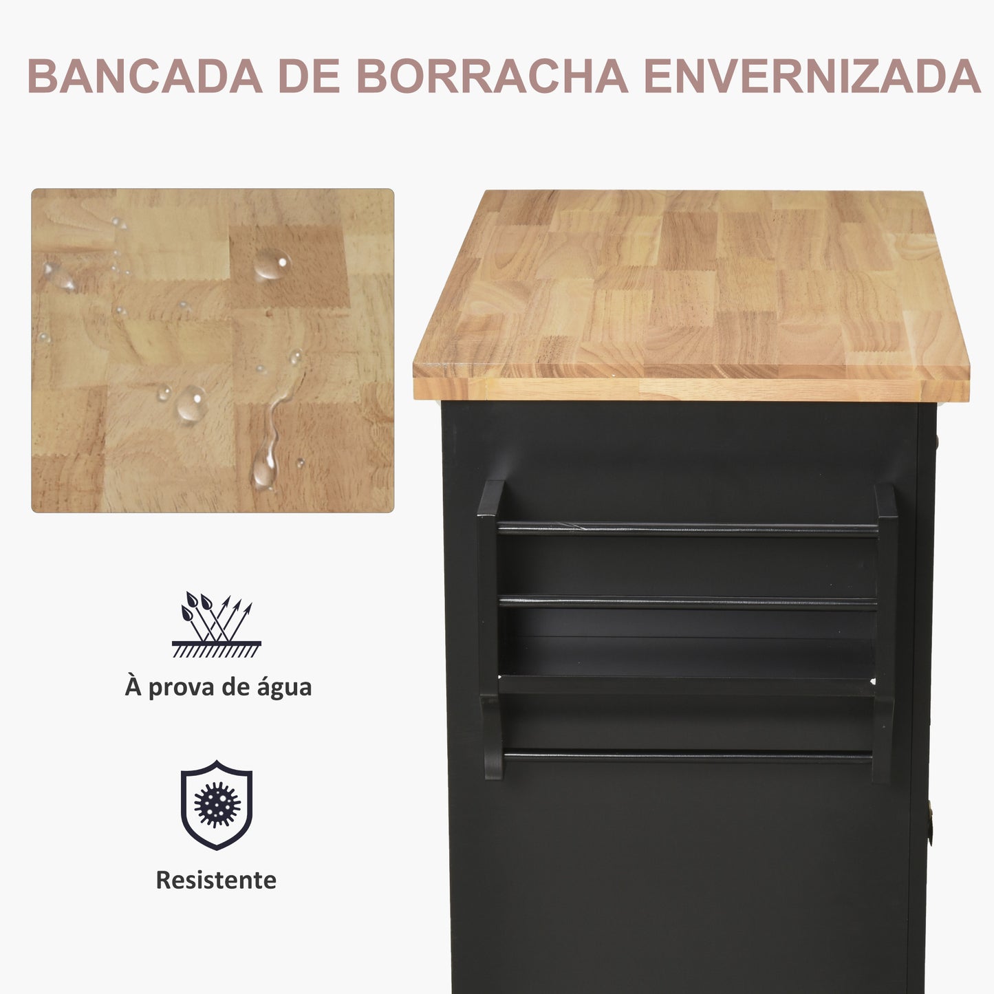 HOMCOM Ilha de Cozinha com Rodas Móvel Auxiliar de Cozinha com 2 Gavetas 4 Portas Suporte para Temperos e Barra Lateral 111x44,5x82,5 cm Preto e Madeira