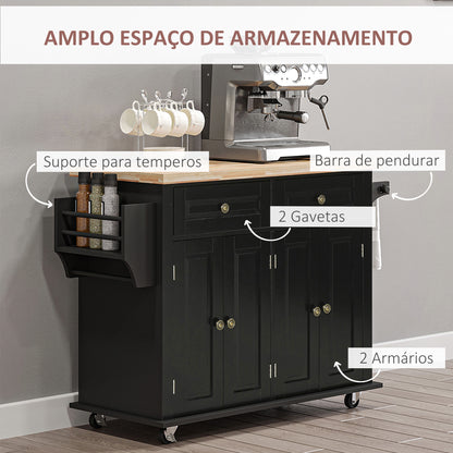 HOMCOM Ilha de Cozinha com Rodas Móvel Auxiliar de Cozinha com 2 Gavetas 4 Portas Suporte para Temperos e Barra Lateral 111x44,5x82,5 cm Preto e Madeira