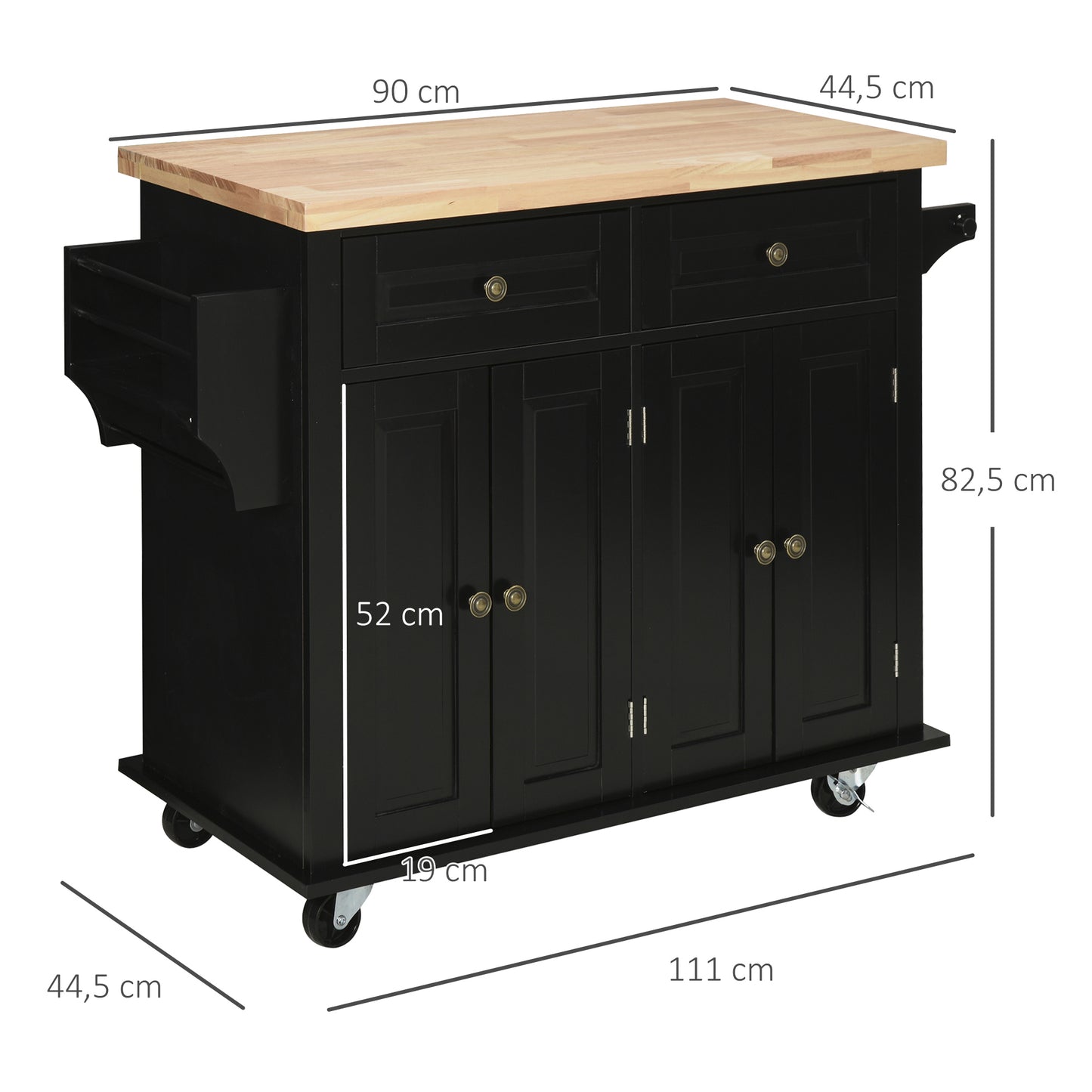 HOMCOM Ilha de Cozinha com Rodas Móvel Auxiliar de Cozinha com 2 Gavetas 4 Portas Suporte para Temperos e Barra Lateral 111x44,5x82,5 cm Preto e Madeira