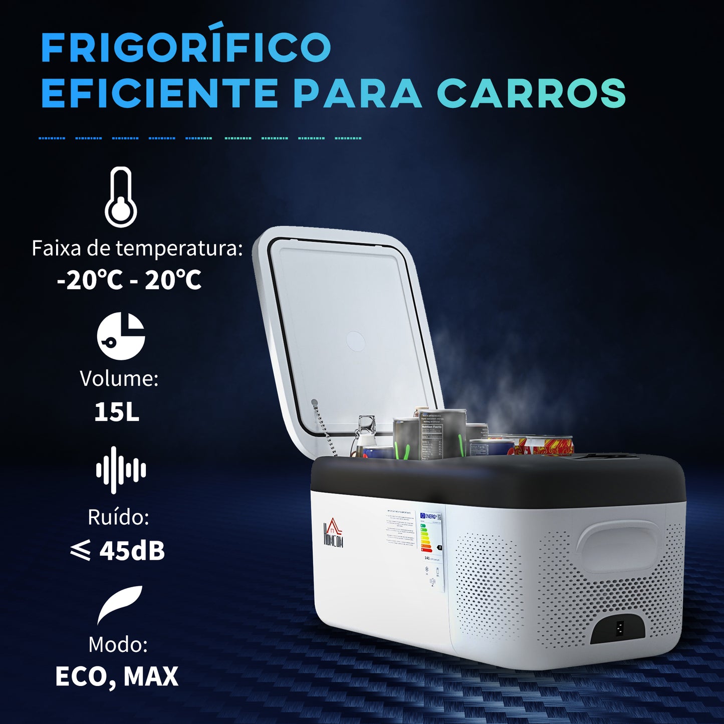 HOMCOM Geleira Elétrica de Compressor Portátil 15L para Carro -20℃ a 20℃ 12 / 24V CC e 100-240V CA Geleira Elétrica Silenciosa para Campismo Viagens 56,8x33x26,2 cm Branco