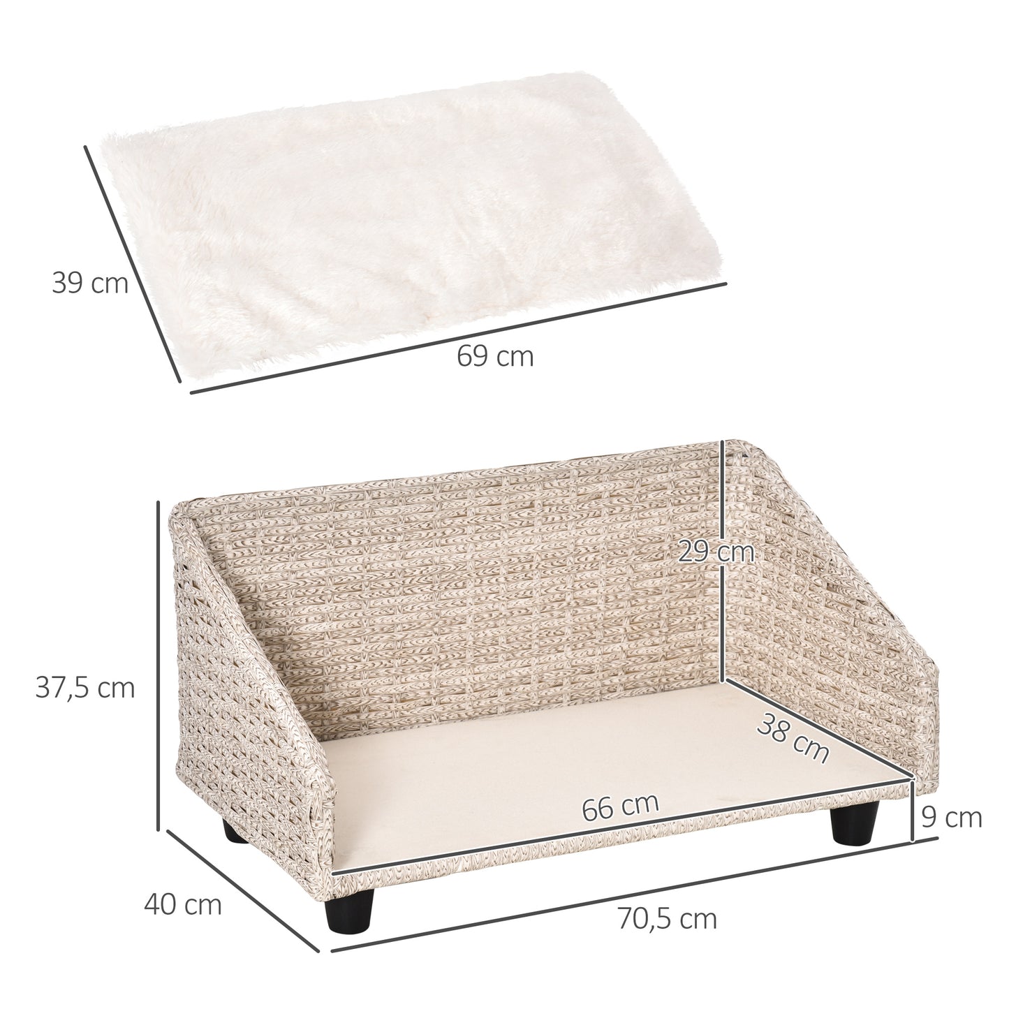 PawHut Sofá Cama de Vime para Cães Gatos Cama Elevada com Almofada Lavável e Encosto Alto para Interior e Exterior 70,5x40x37,5cm Bege