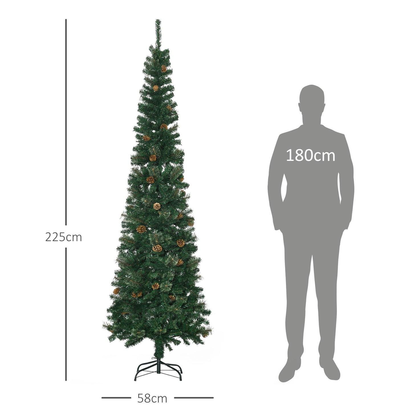 HOMCOM Árvore de Natal Artificial 225 cm Árvore de Natal com 706 Ramos Árvore de Natal Estreita Slim com 56 Pinhas Base Dobrável Ø58x225 cm Verde