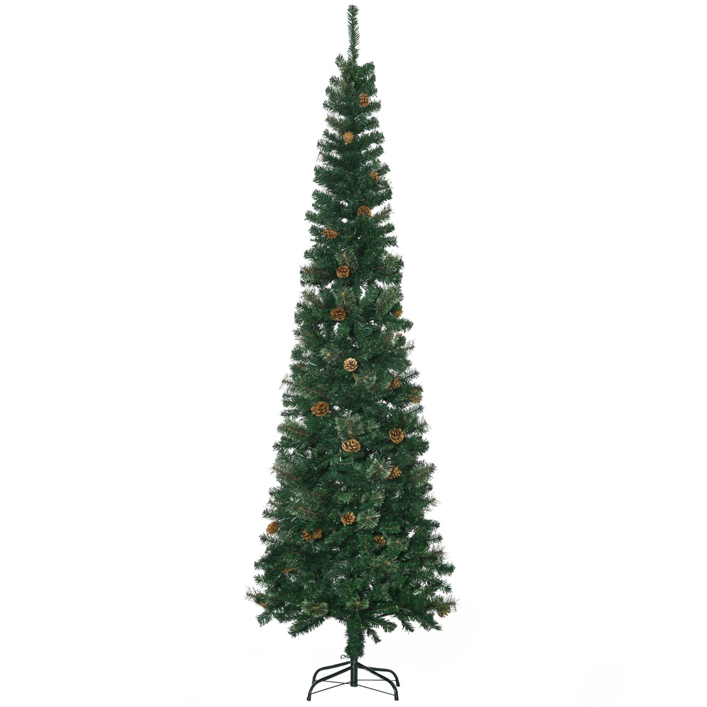 HOMCOM Árvore de Natal Artificial 225 cm Árvore de Natal com 706 Ramos Árvore de Natal Estreita Slim com 56 Pinhas Base Dobrável Ø58x225 cm Verde