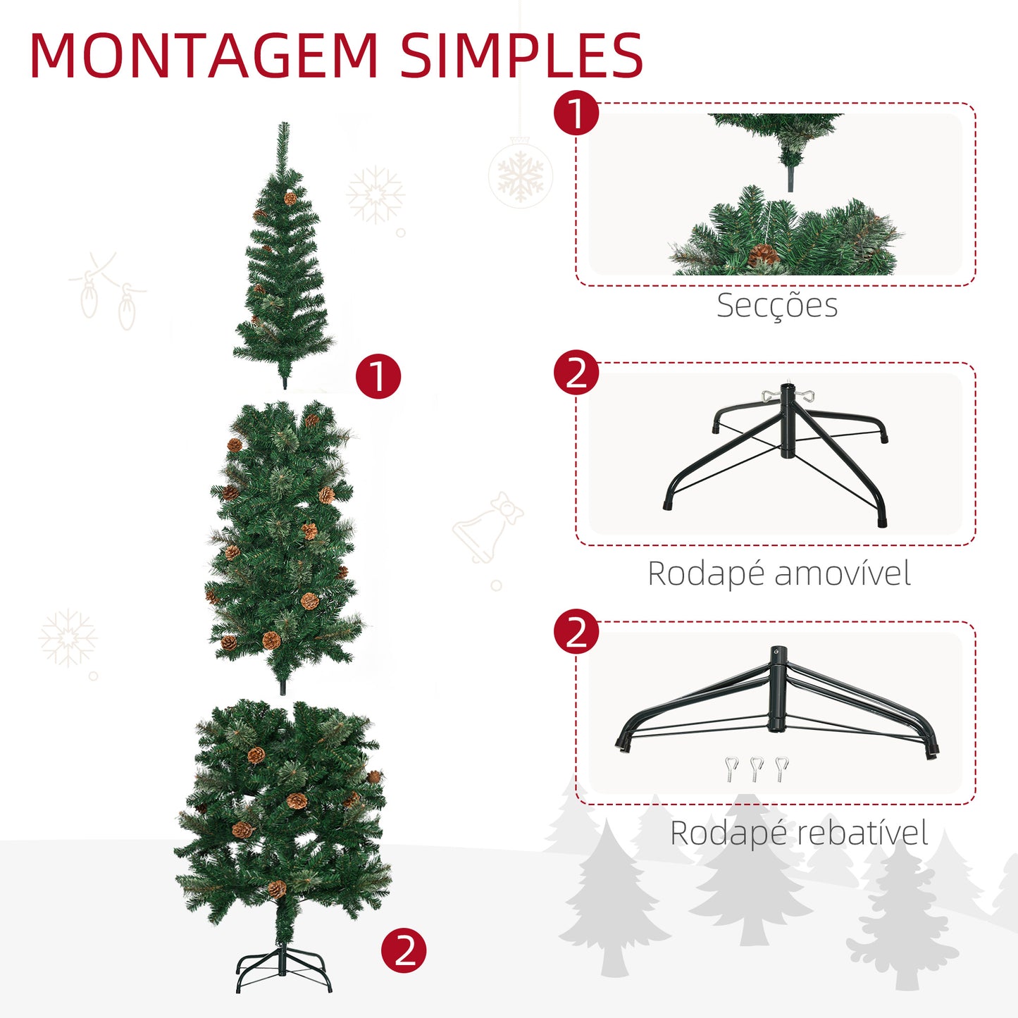 HOMCOM Árvore de Natal Artificial 225 cm Árvore de Natal com 706 Ramos Árvore de Natal Estreita Slim com 56 Pinhas Base Dobrável Ø58x225 cm Verde