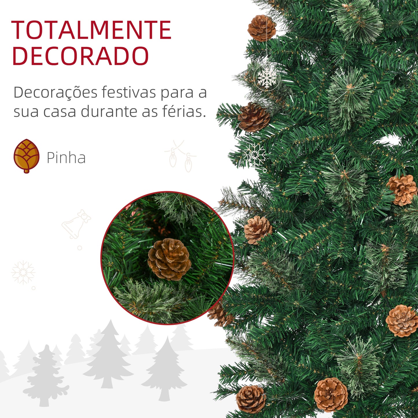 HOMCOM Árvore de Natal Artificial 225 cm Árvore de Natal com 706 Ramos Árvore de Natal Estreita Slim com 56 Pinhas Base Dobrável Ø58x225 cm Verde