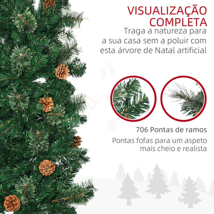 HOMCOM Árvore de Natal Artificial 225 cm Árvore de Natal com 706 Ramos Árvore de Natal Estreita Slim com 56 Pinhas Base Dobrável Ø58x225 cm Verde