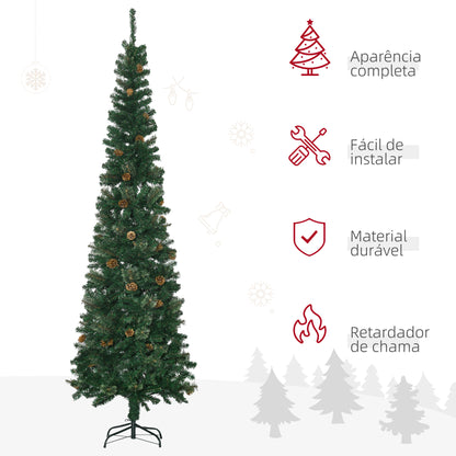 HOMCOM Árvore de Natal Artificial 225 cm Árvore de Natal com 706 Ramos Árvore de Natal Estreita Slim com 56 Pinhas Base Dobrável Ø58x225 cm Verde