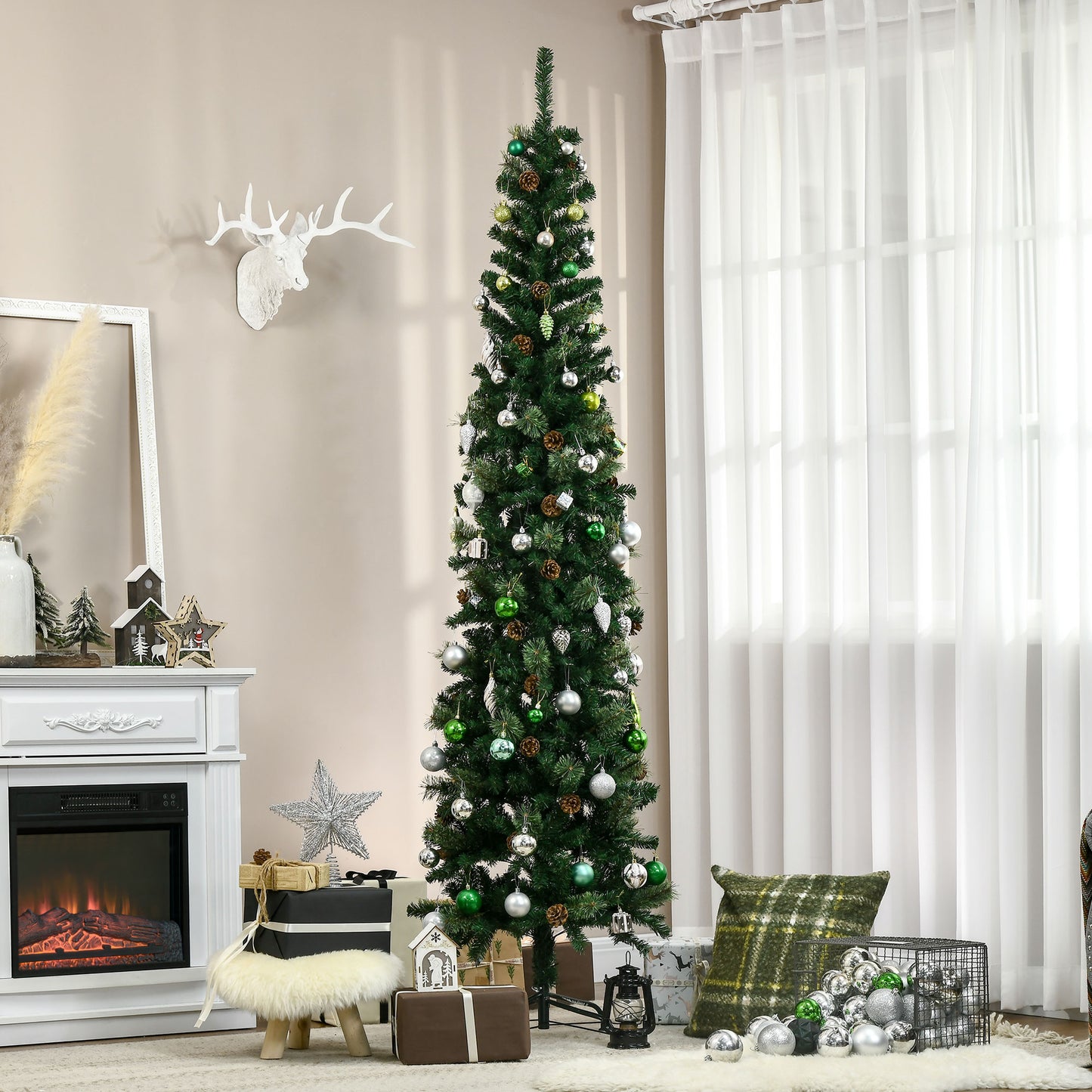 HOMCOM Árvore de Natal Artificial 225 cm Árvore de Natal com 706 Ramos Árvore de Natal Estreita Slim com 56 Pinhas Base Dobrável Ø58x225 cm Verde