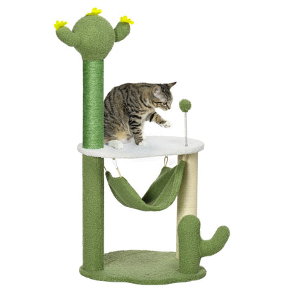 PawHut Árvore Arranhador para Gatos com Forma de Cacto Altura 90cm Torre para Gatos com Rede Plataforma Postes de Sisal e Bola Divertida 45x45x90cm Verde