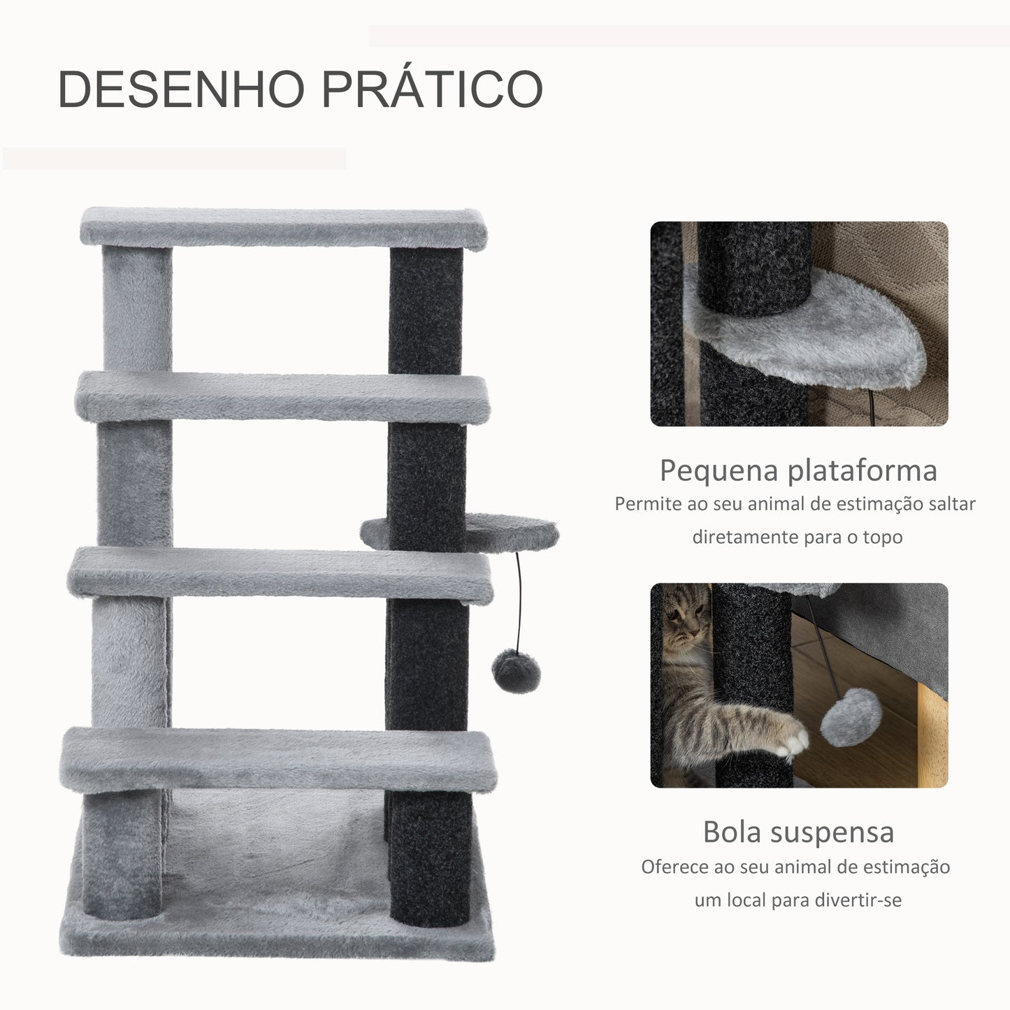 PawHut Escada para Animais de Estimação Escada para Gatos de 4 Degraus com Poste de Arranhar Bola Escada para Animais de Estimação 45x40x68 cm Cinza