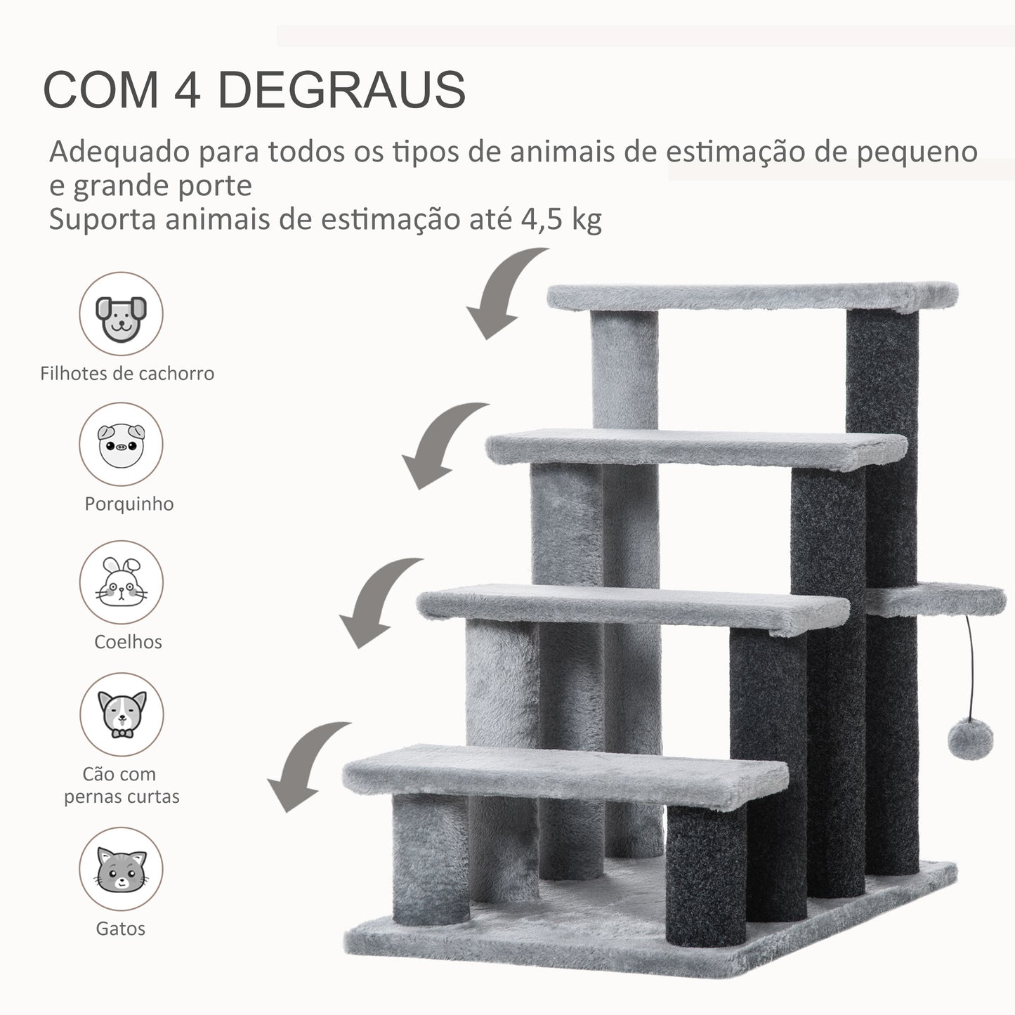 PawHut Escada para Animais de Estimação Escada para Gatos de 4 Degraus com Poste de Arranhar Bola Escada para Animais de Estimação 45x40x68 cm Cinza