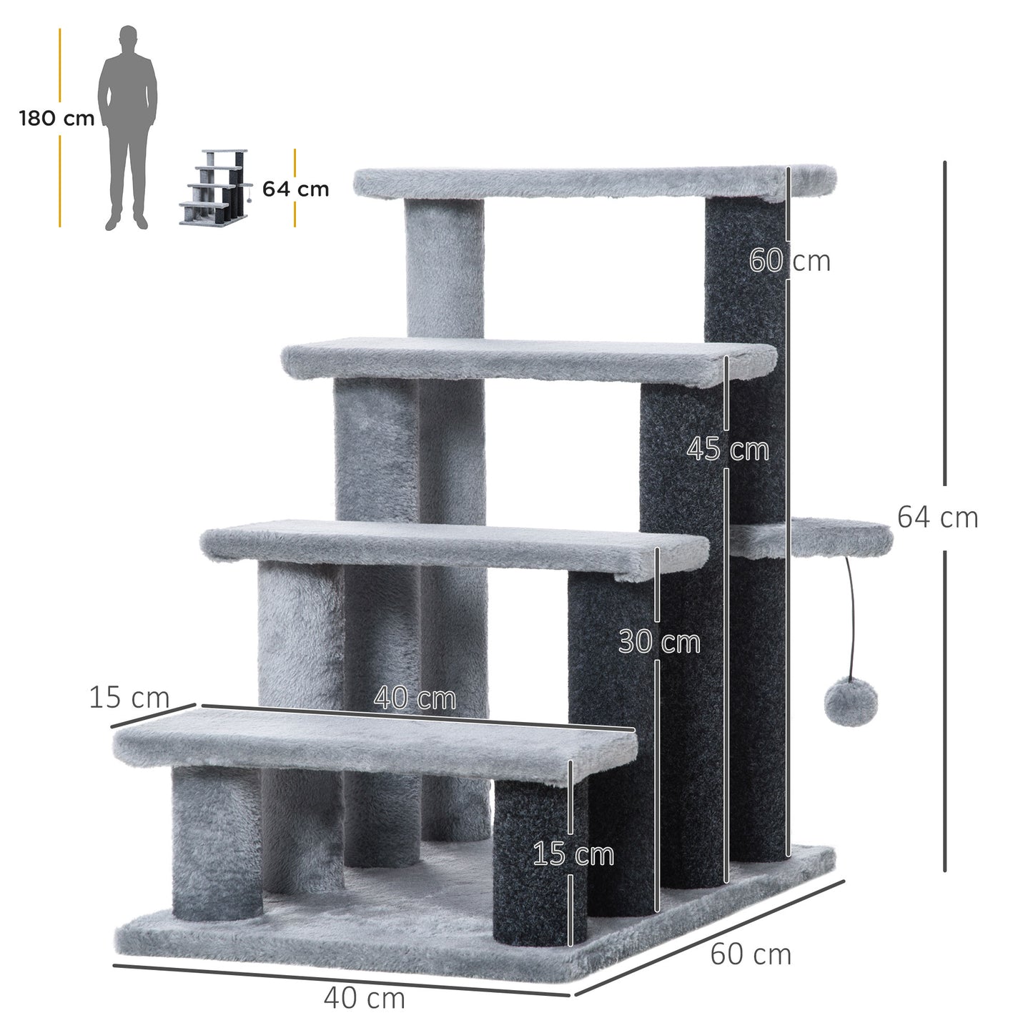 PawHut Escada para Animais de Estimação Escada para Gatos de 4 Degraus com Poste de Arranhar Bola Escada para Animais de Estimação 45x40x68 cm Cinza