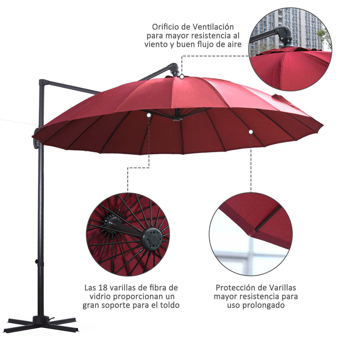 Outsunny Chapéu de Sol Excêntrico Ø300 cm com Manivela Mastro Giratório 360º Teto Inclinável em 6 Posições e Base Cruzada Incluída Vinho