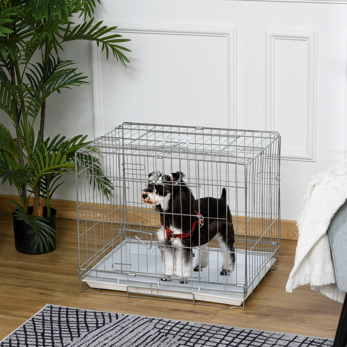 PawHut Gaiola Dobrável para Cães Gaiola Metálica 61x43x50cm Gaiola de Metal para Cães com Bandeja Amovível com Travão Prata e Branco