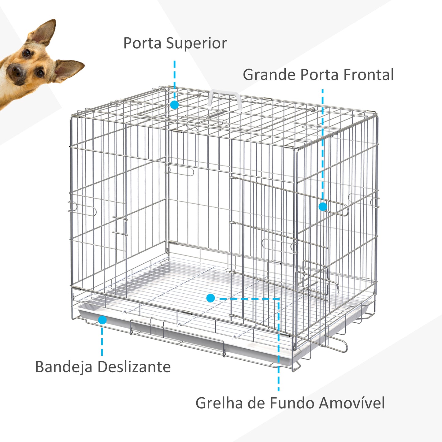 PawHut Gaiola Dobrável para Cães Gaiola Metálica 61x43x50cm Gaiola de Metal para Cães com Bandeja Amovível com Travão Prata e Branco