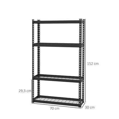 HOMCOM Estante de Metal com 4 Níveis Estante de Armazenamento Estante de Garagem de Aço Carga 600 kg com Prateleiras Ajustáveis 70x30x152 cm Preto