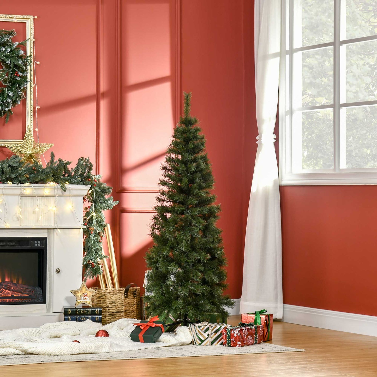 HOMCOM Árvore de Natal Artificial 150cm Ignífugo com 367 Ramos Folhas de PVC Base Dobrável e Suporte Metálico Decoração de Natal para Interiores Verde