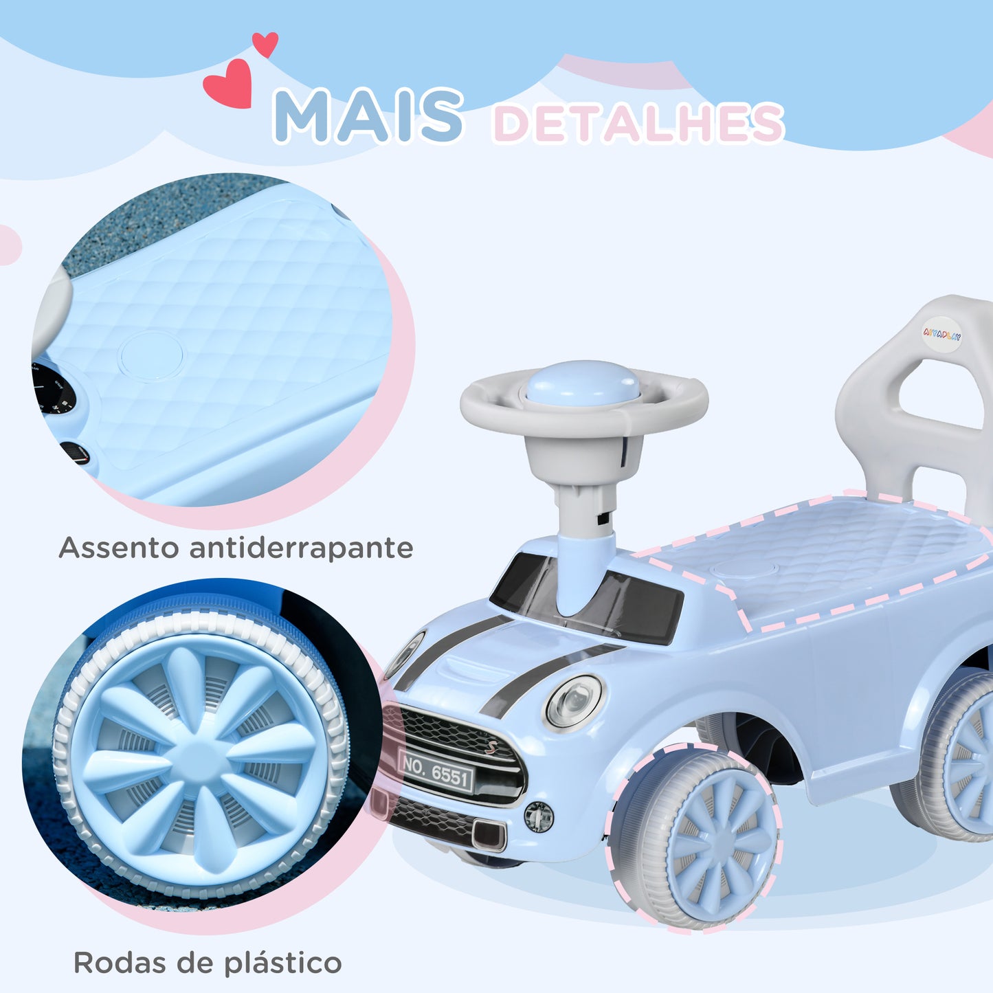 AIYAPLAY Carro Andador para Bebés de 18-36 Meses Carro Andador com Volante Buzina e Sistema Anti-Tombo Carga 25 kg 53x25x35 cm Azul Claro