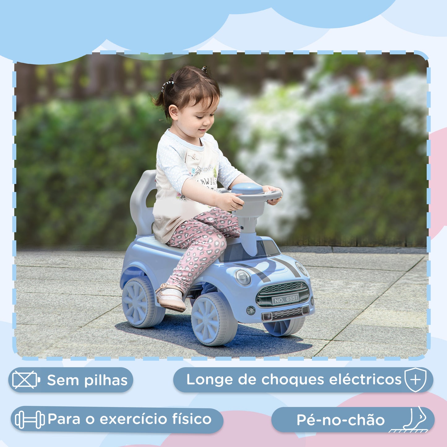 AIYAPLAY Carro Andador para Bebés de 18-36 Meses Carro Andador com Volante Buzina e Sistema Anti-Tombo Carga 25 kg 53x25x35 cm Azul Claro