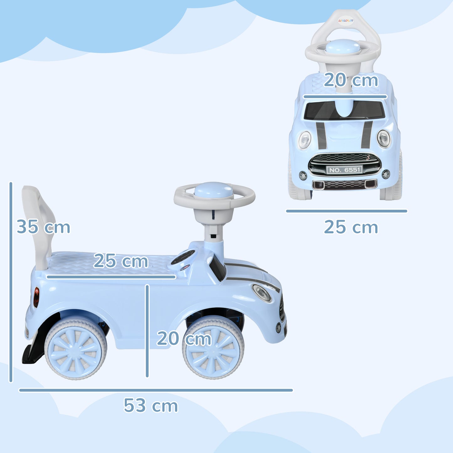 AIYAPLAY Carro Andador para Bebés de 18-36 Meses Carro Andador com Volante Buzina e Sistema Anti-Tombo Carga 25 kg 53x25x35 cm Azul Claro