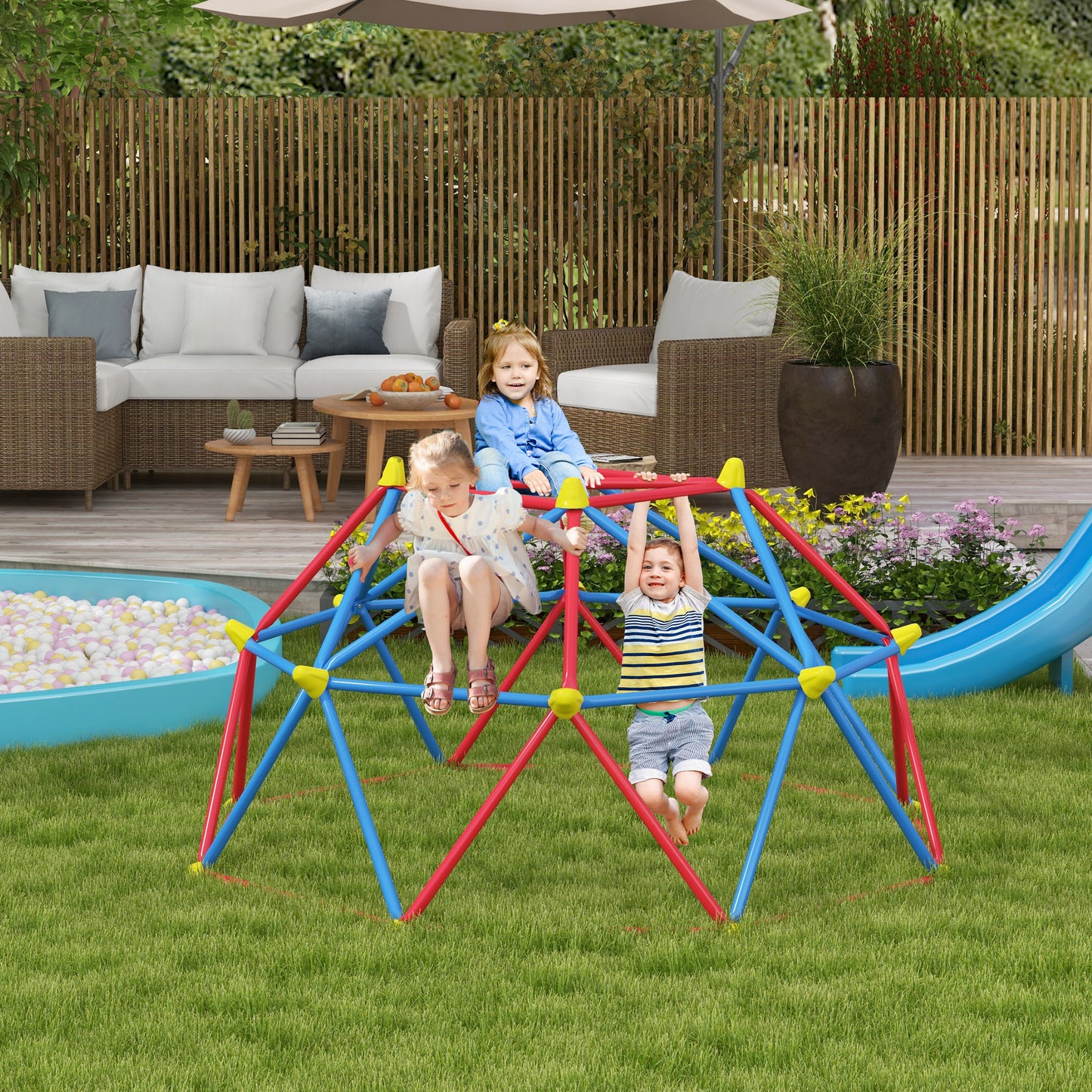 Outsunny Cúpula de Escalada Conjunto de Cúpula Geométrica Parque Infantil para 3-8 Anos Com Estrutura Metálica Anti-UV Carga 180 kg para Pátio Jardim Ø183x90 cm Vermelho e Azul