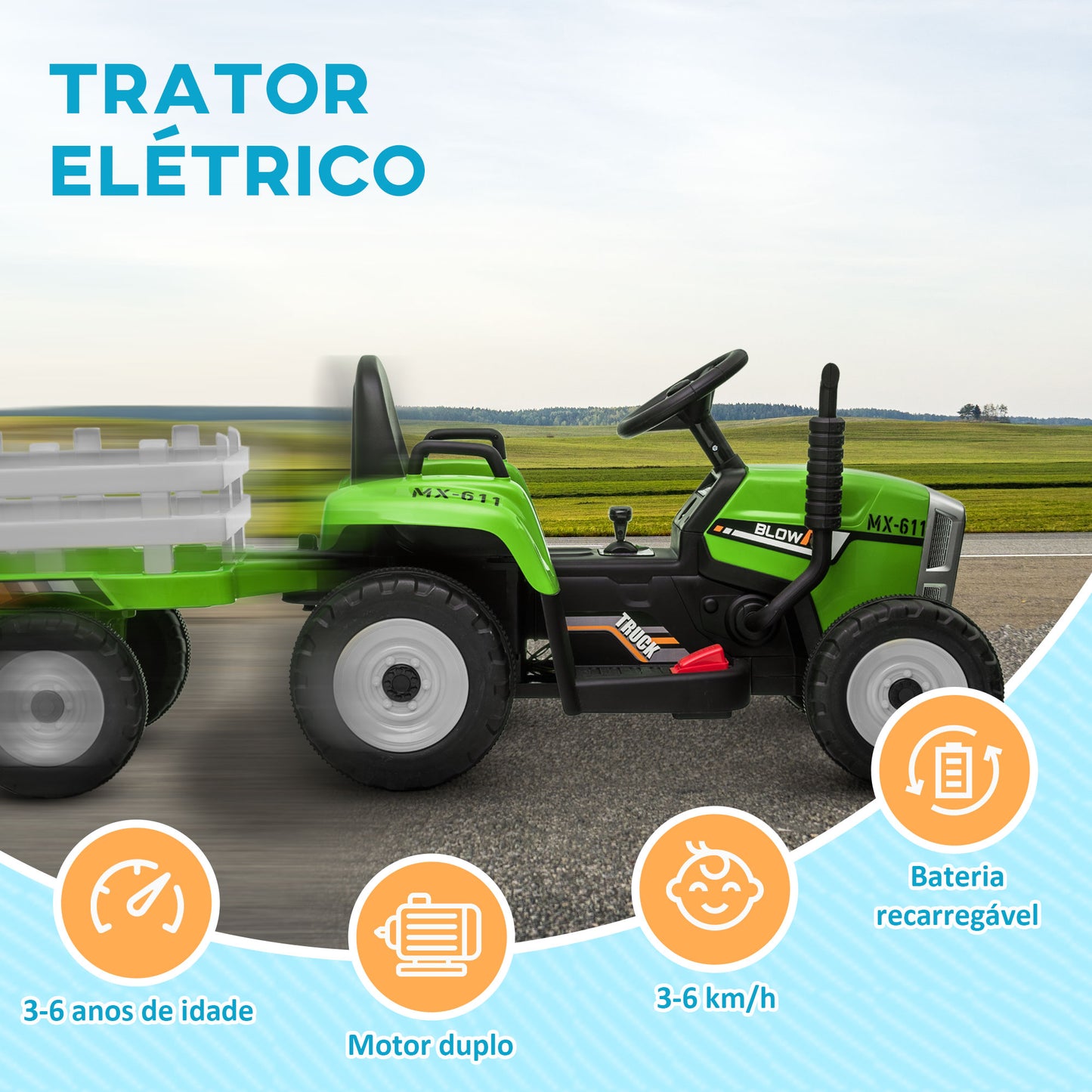 HOMCOM Trator Elétrico com Reboque Amovível Carro Elétrico para Crianças 3-6 Anos com Controlo Remoto Música MP3 Luzes e Cinto de Segurança 136,5x50x52,5 cm Verde