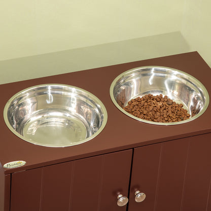 PawHut Comedouro Elevado para Cães Grandes com 2 Tigelas de 2000ml de Aço Inoxidável Comedouro para Cães com 2 Portas e Armazenamento Oculto 60x30x35,5cm Marrom