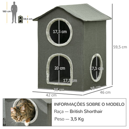 PawHut Casa para Gatos de 2 Níveis Cama para Gatos Caverna para Gatos com 3 Portas e Almofadas Laváveis 42x46x59,5 cm Cinza