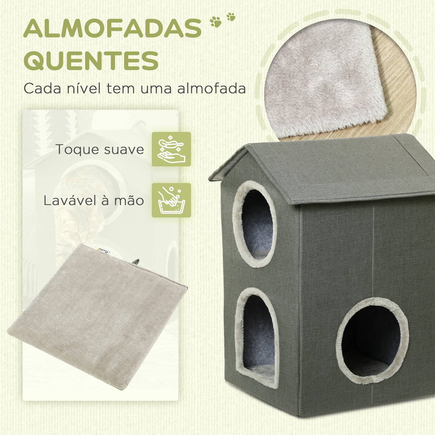 PawHut Casa para Gatos de 2 Níveis Cama para Gatos Caverna para Gatos com 3 Portas e Almofadas Laváveis 42x46x59,5 cm Cinza