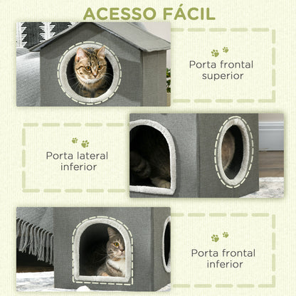 PawHut Casa para Gatos de 2 Níveis Cama para Gatos Caverna para Gatos com 3 Portas e Almofadas Laváveis 42x46x59,5 cm Cinza