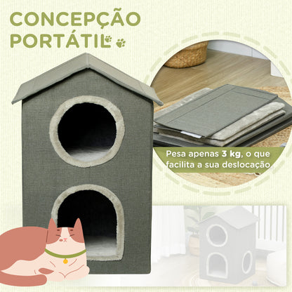 PawHut Casa para Gatos de 2 Níveis Cama para Gatos Caverna para Gatos com 3 Portas e Almofadas Laváveis 42x46x59,5 cm Cinza