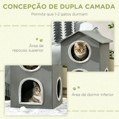 PawHut Casa para Gatos de 2 Níveis Cama para Gatos Caverna para Gatos com 3 Portas e Almofadas Laváveis 42x46x59,5 cm Cinza