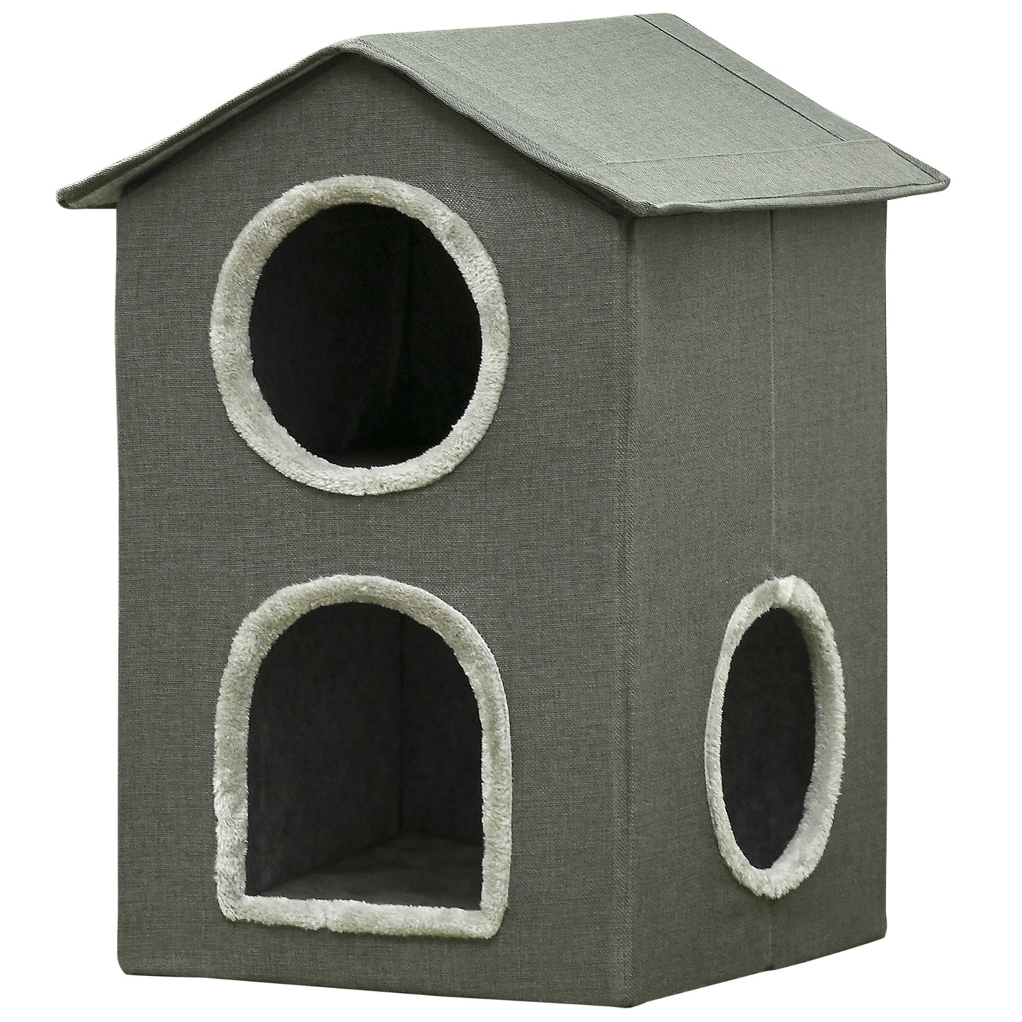 PawHut Casa para Gatos de 2 Níveis Cama para Gatos Caverna para Gatos com 3 Portas e Almofadas Laváveis 42x46x59,5 cm Cinza