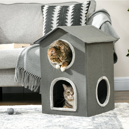 PawHut Casa para Gatos de 2 Níveis Cama para Gatos Caverna para Gatos com 3 Portas e Almofadas Laváveis 42x46x59,5 cm Cinza