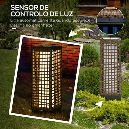 Outsunny Candeeiro de Jardim de Vime Sintético Candeeiro Solar de Exterior com Luzes LED Ligar/Desligar Automático para Varanda Pátio 15,5x15,5x46 cm Marrom Areia