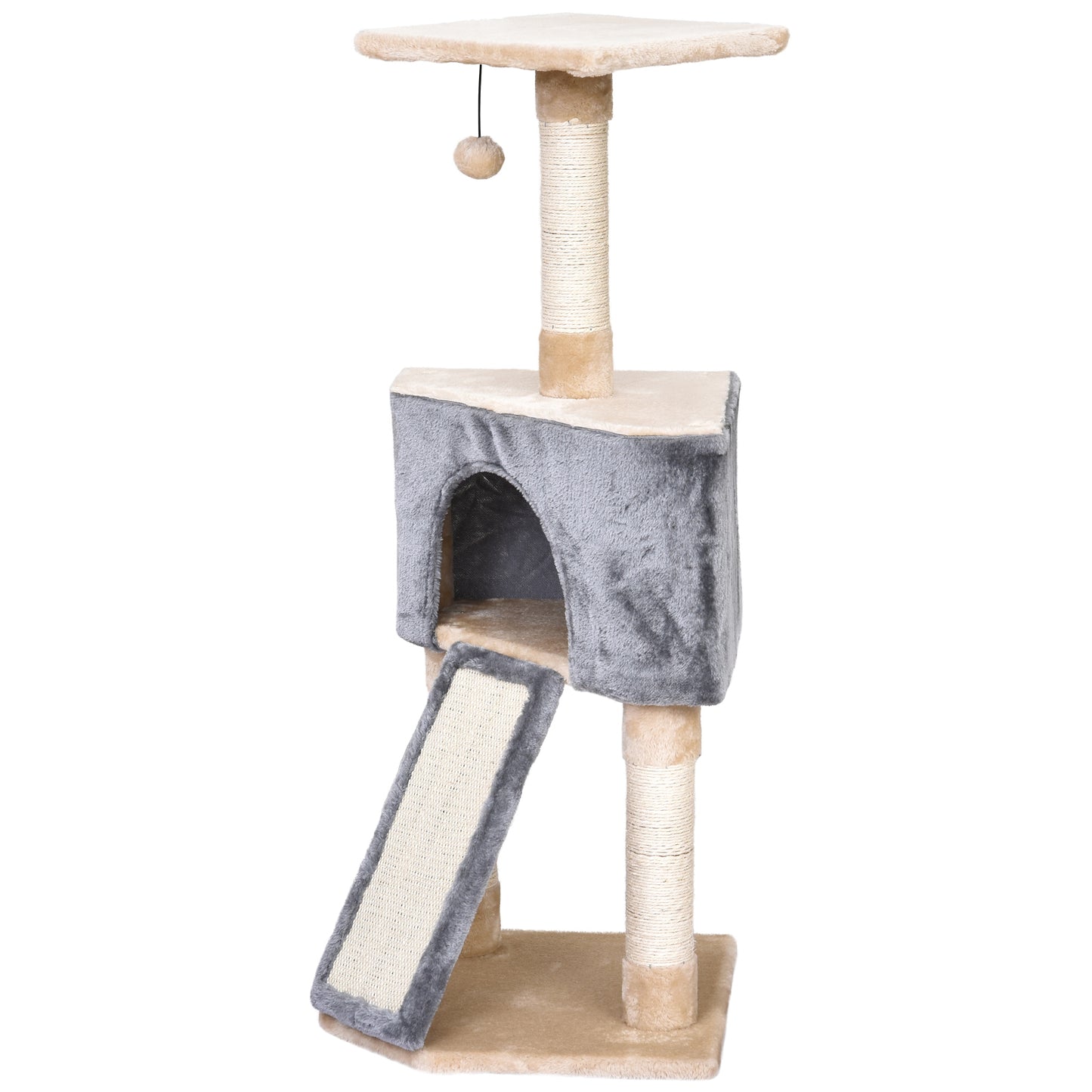 PawHut Árvore para gatos com caverna Brinquedo de suspensão Rampa de arranhões e pôsteres Raspadores Corda de sisal 40x40x98 cm Cinza e bege