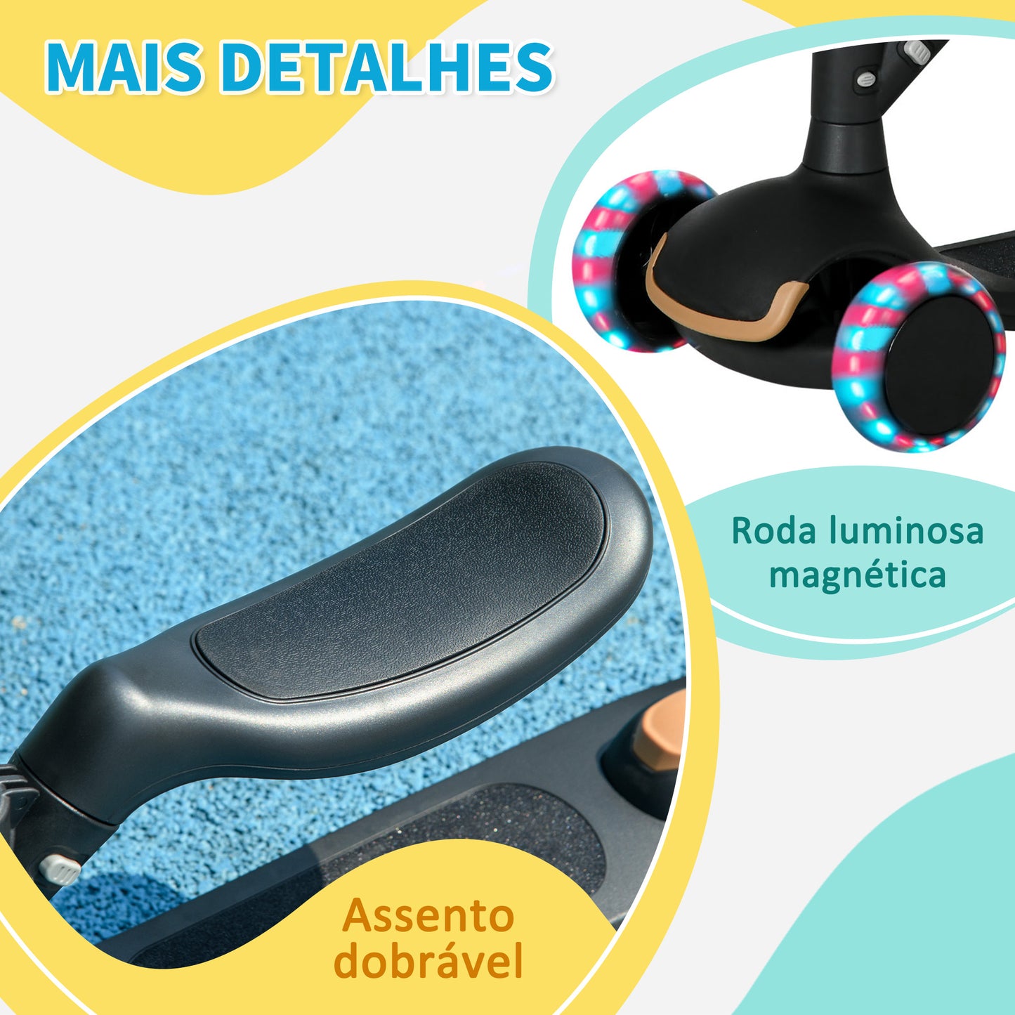 AIYAPLAY Trotinete para Crianças 2 em 1 Trotinete Infantil com Altura Ajustável 3 Rodas Brilhantes e Assento para +18 Meses Carga Máx. 50 kg 58x31x64-79 cm Preto