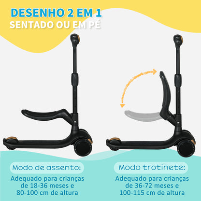 AIYAPLAY Trotinete para Crianças 2 em 1 Trotinete Infantil com Altura Ajustável 3 Rodas Brilhantes e Assento para +18 Meses Carga Máx. 50 kg 58x31x64-79 cm Preto